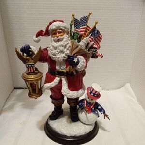 Danbury Mint Patriotic Red and Blue Santa with Snowman Figurine